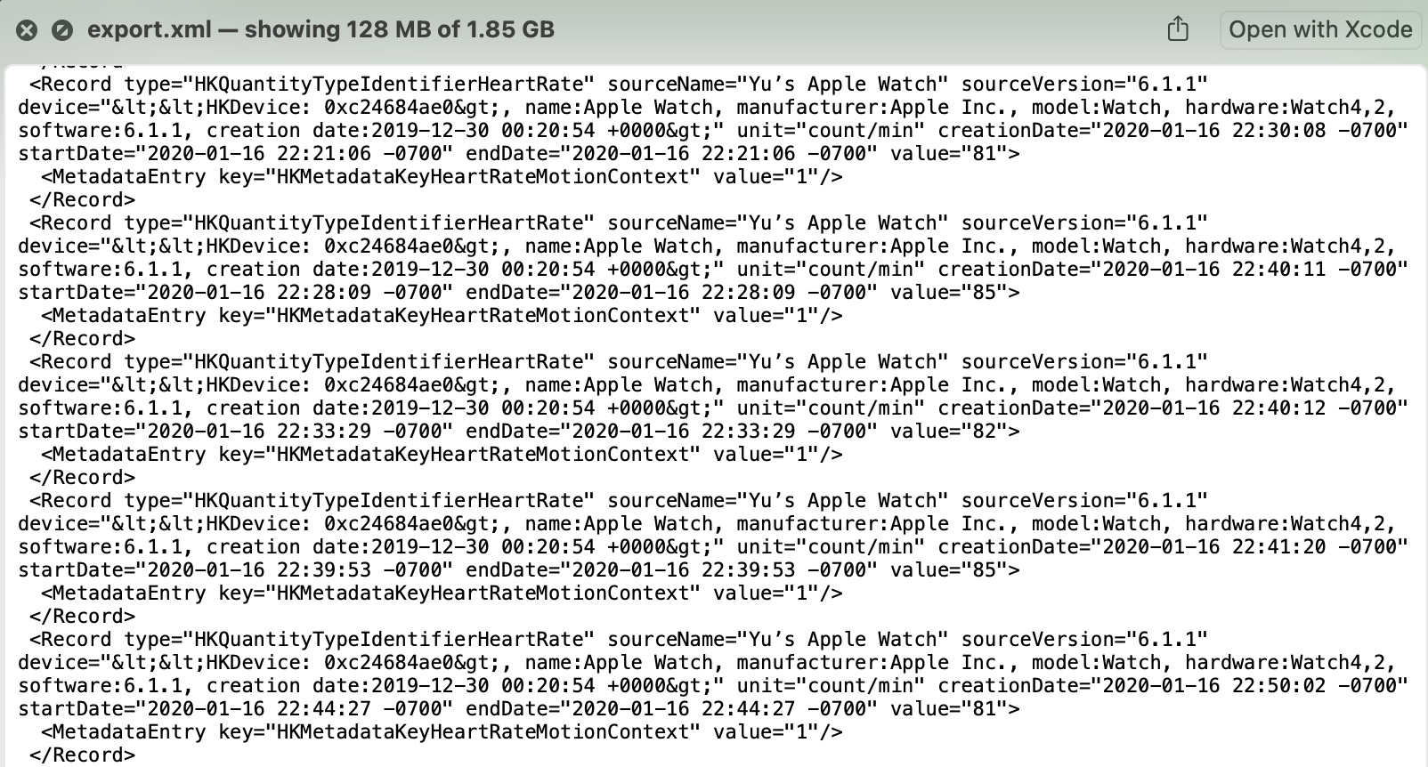 Raw XML data screenshot by the author