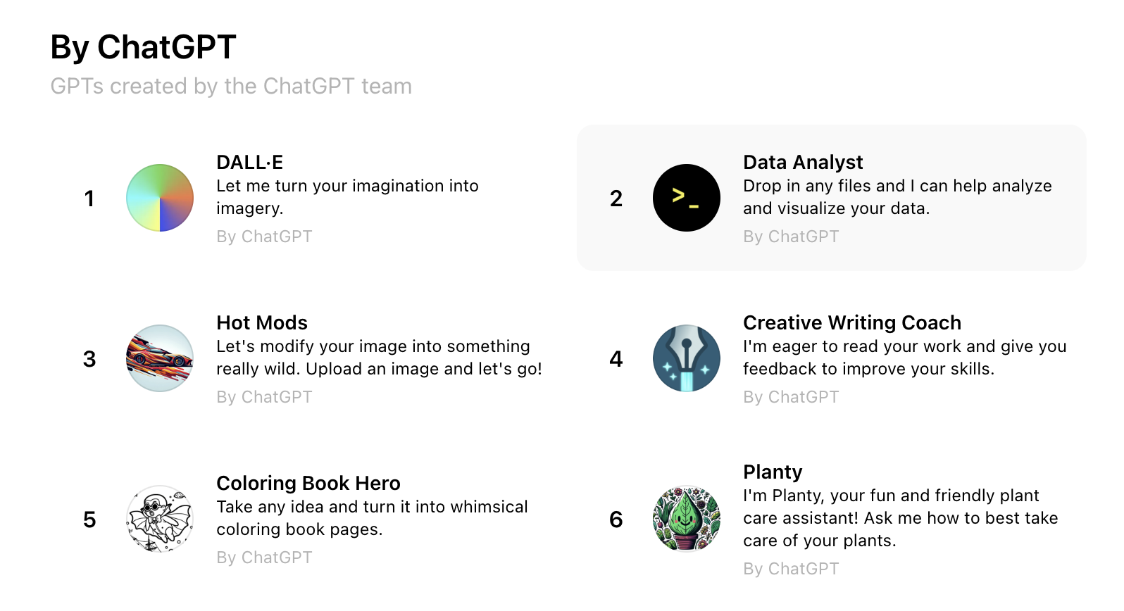 Screenshot of GPTs created by the ChatGPT team