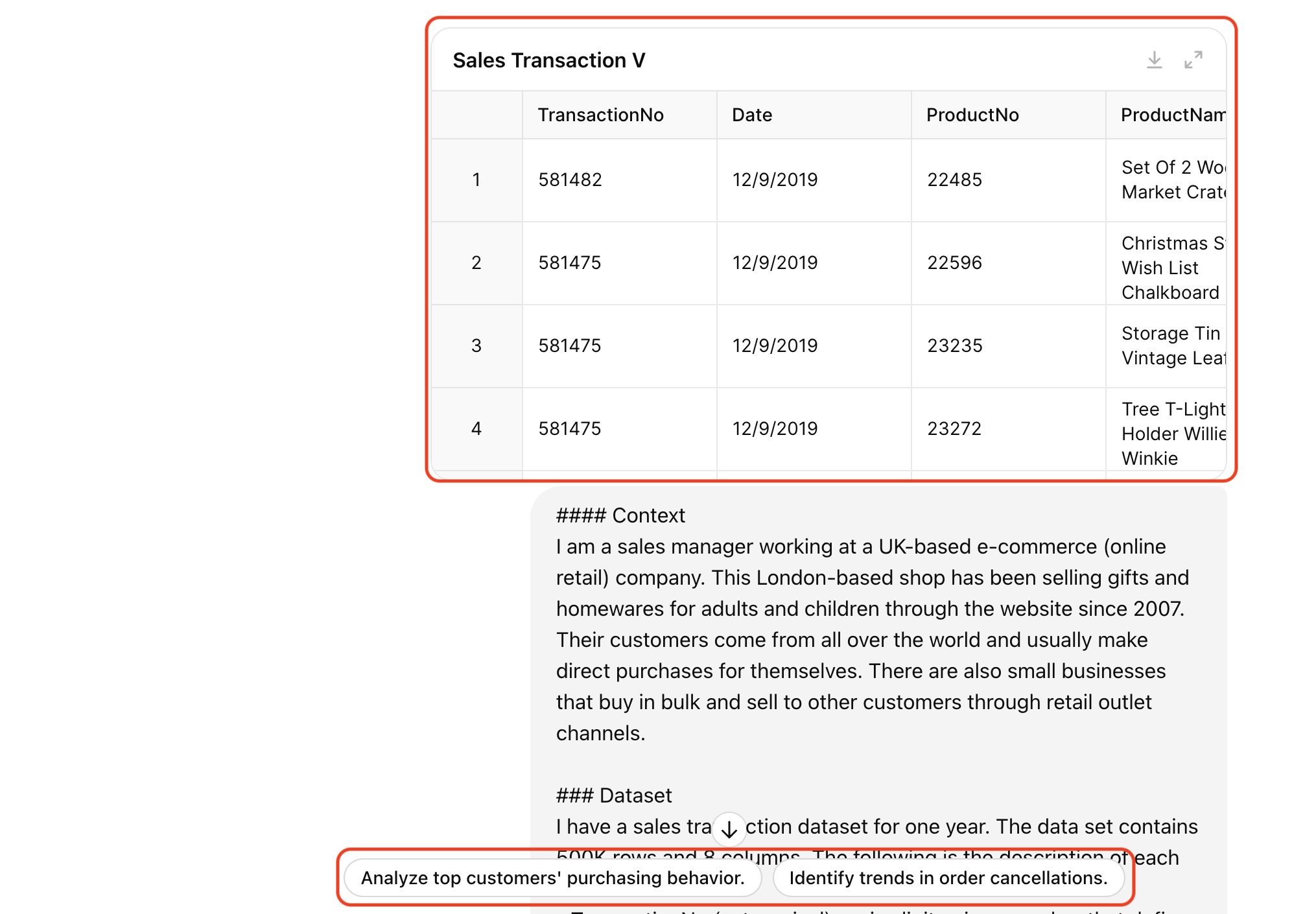 Dataset preview after uploading the data file with suggested prompts