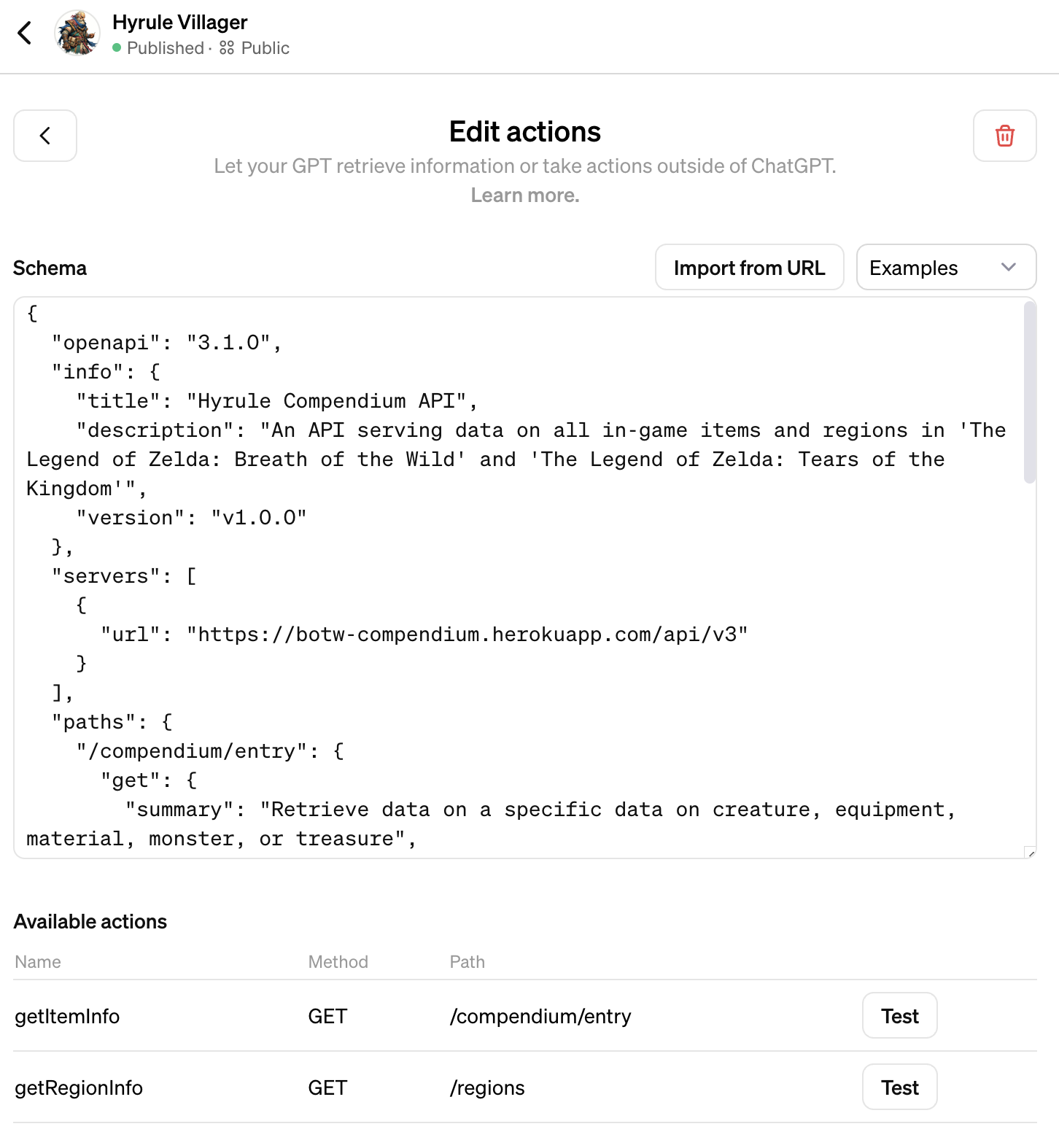 Hyrule Villager GPT Actions Setup