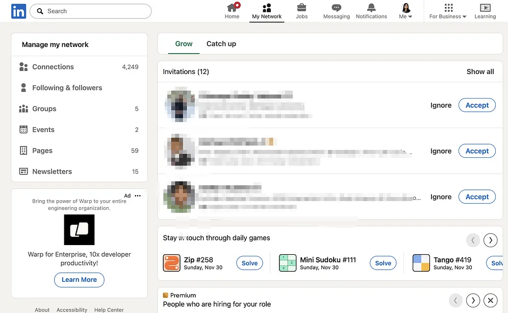 LinkedIn Games entry points on My Network page and homepage 1 (screenshots by the author)