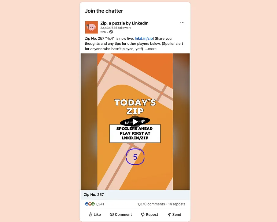 Zip game post by LinkedIn 1 (Image by the author)