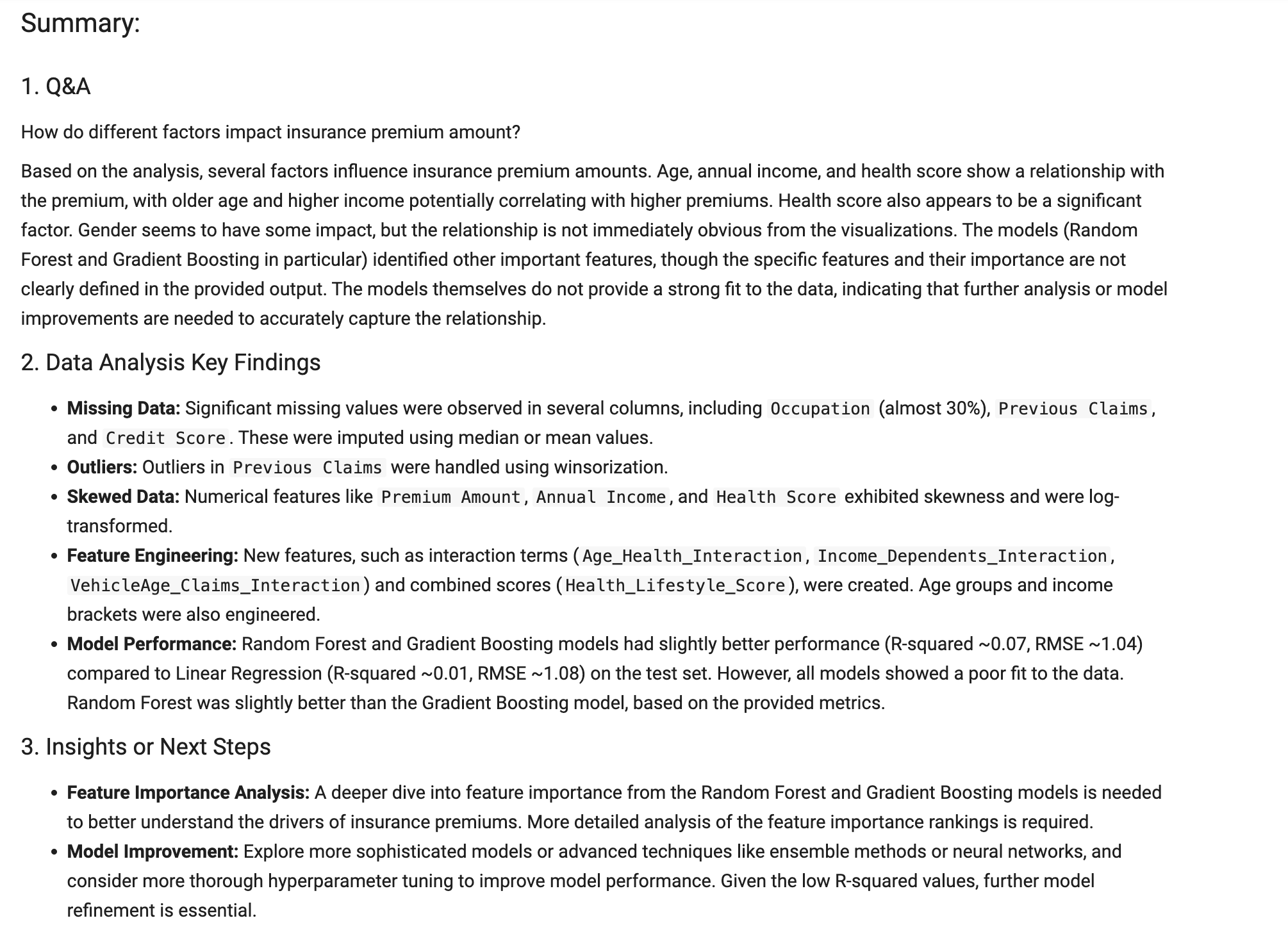 Summary section generated by the Agent