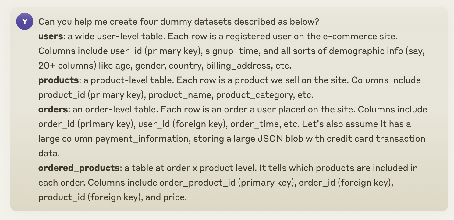 My prompt to generate synthetic datasets