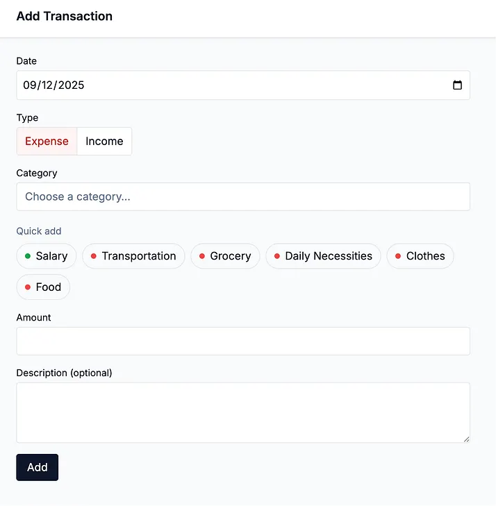 Add Transaction page with mock data (Image by the author)