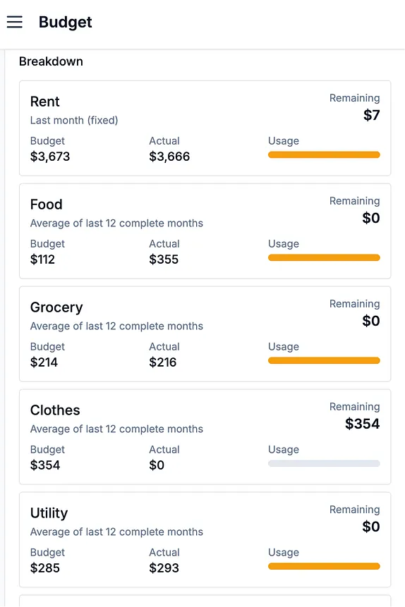 Budget page mobile UI post-change (Image by the author)